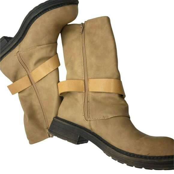 Blowfish Biker Steampunk Boots Buckle Tan Faux Leather Round Toe Mid Calf SZ 6.5 - Picture 3 of 16